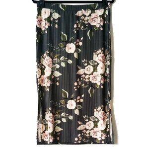 LuLaRoe Pull On Ribbed Knit Straight Skirt S Gray Floral Side Slits  50off3